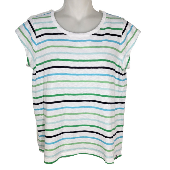 T By Talbots Tee Womens Medium Supersoft Jersey Open Back Multi Stripe Short Slv - Picture 1 of 9
